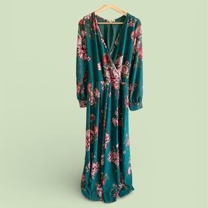 Ricarica Long Maxi Dress Plus 2X Green Floral Romantic V Neck Boho